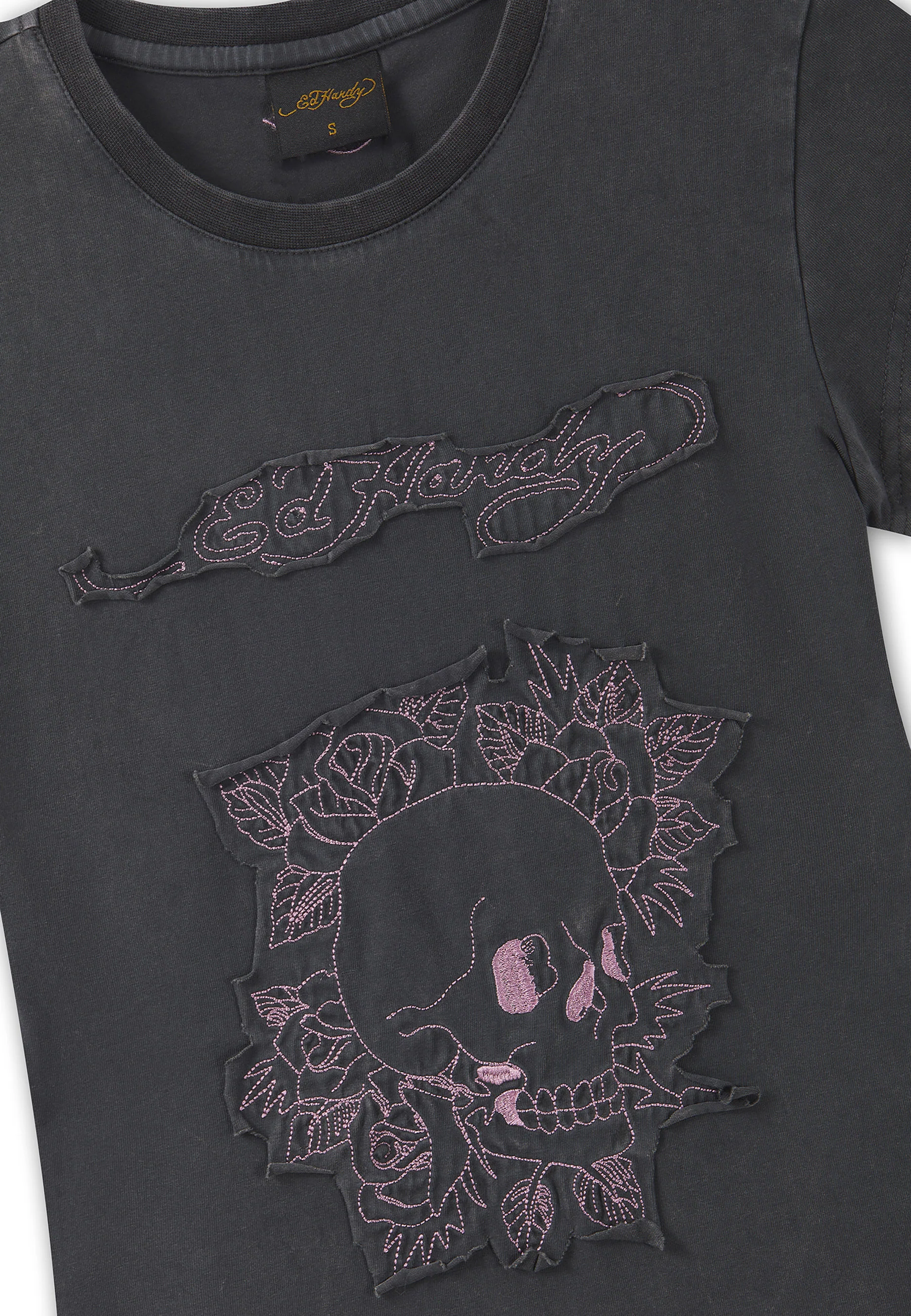 Womens Floral Skull Self Applique Cap Sleeve - Charcoal - Image 8