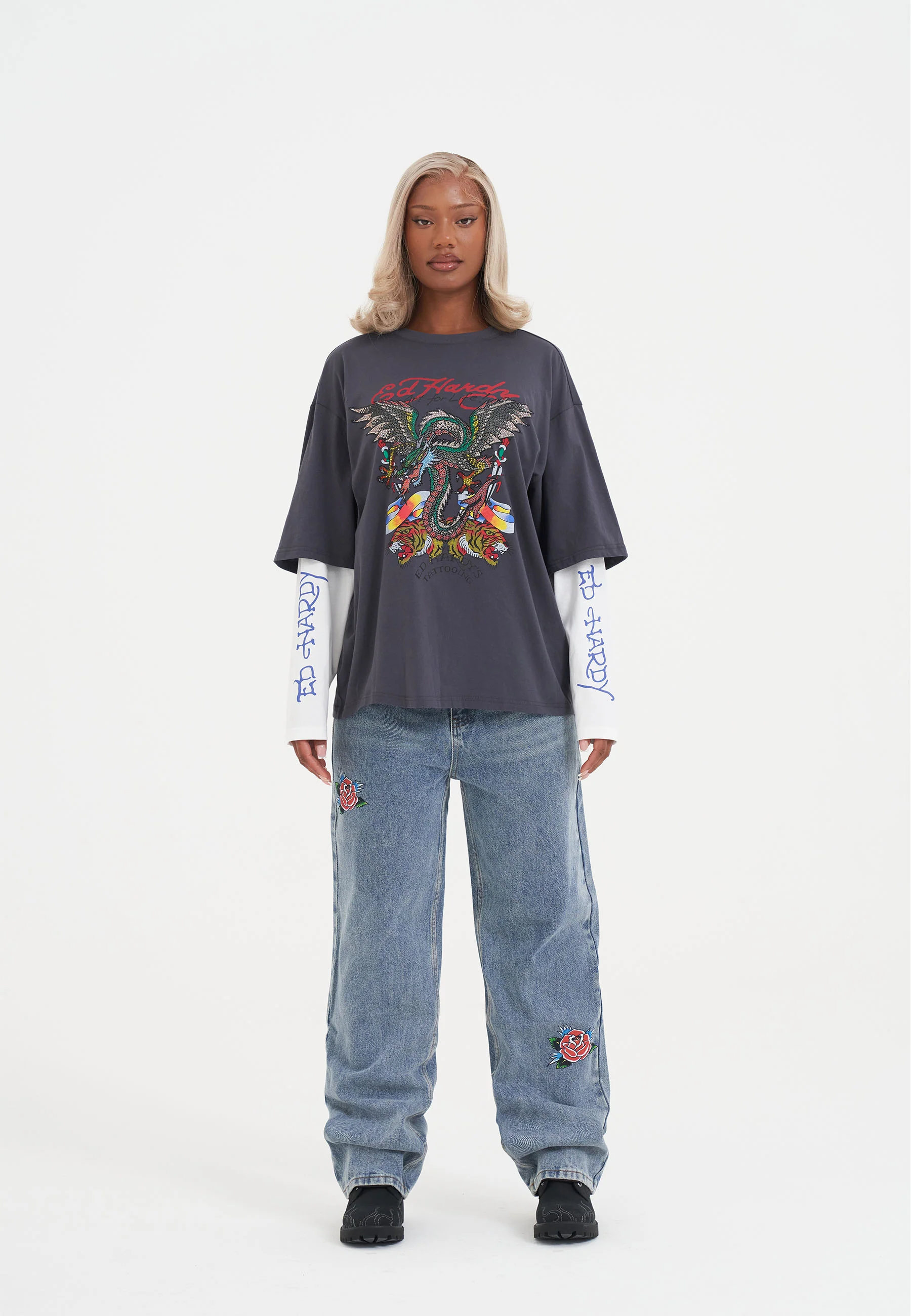 Womens Flying Dragon Double Sleeve T-Shirt - Charcoal - Image 4