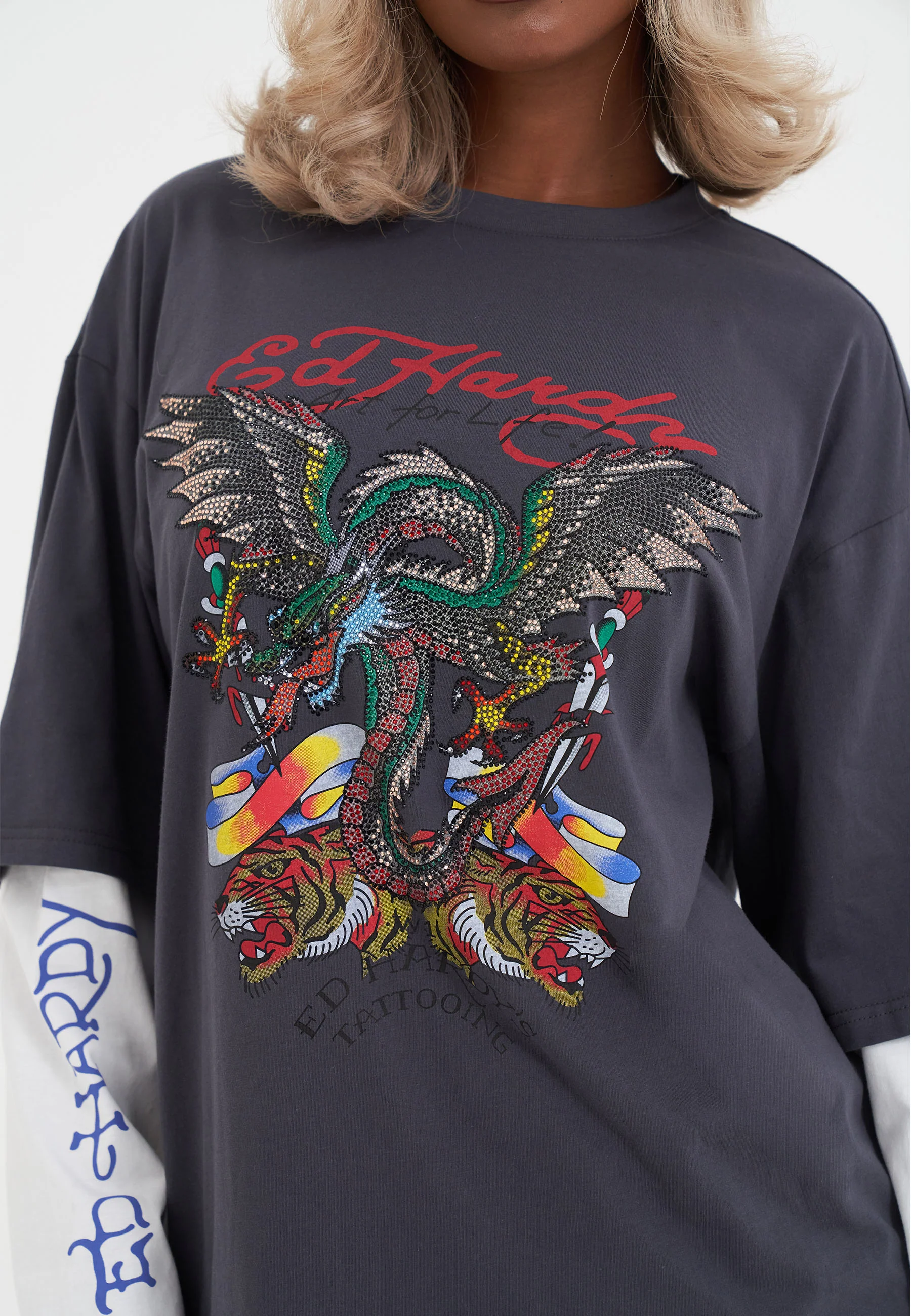 Womens Flying Dragon Double Sleeve T-Shirt - Charcoal - Image 5