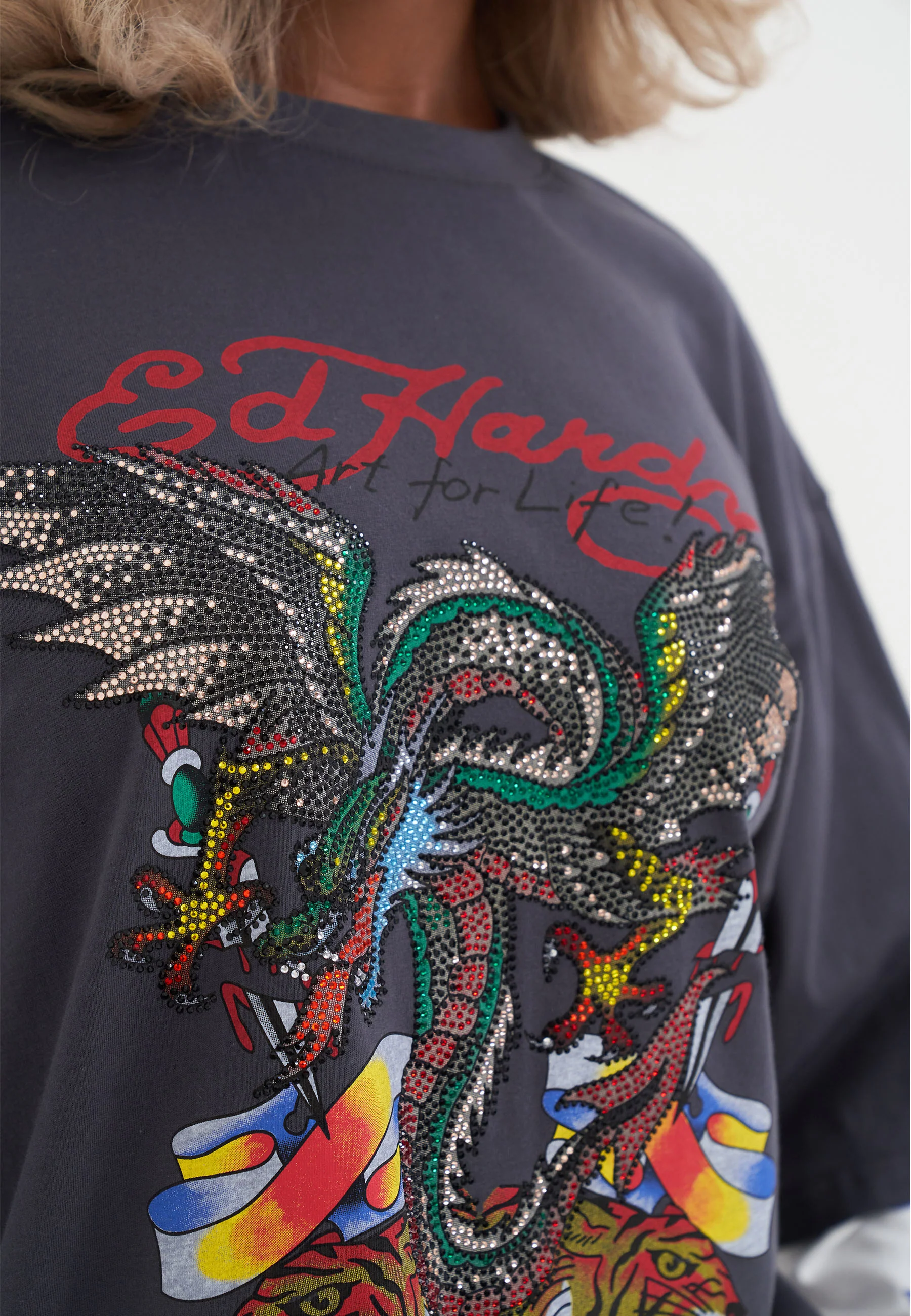 Womens Flying Dragon Double Sleeve T-Shirt - Charcoal - Image 6