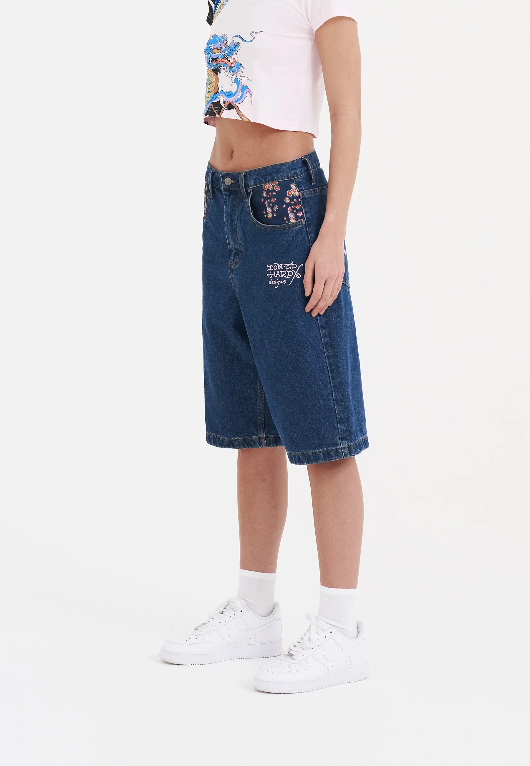 Womens Grey Dragon Relaxed Denim Jorts Shorts - Indigo - Image 3