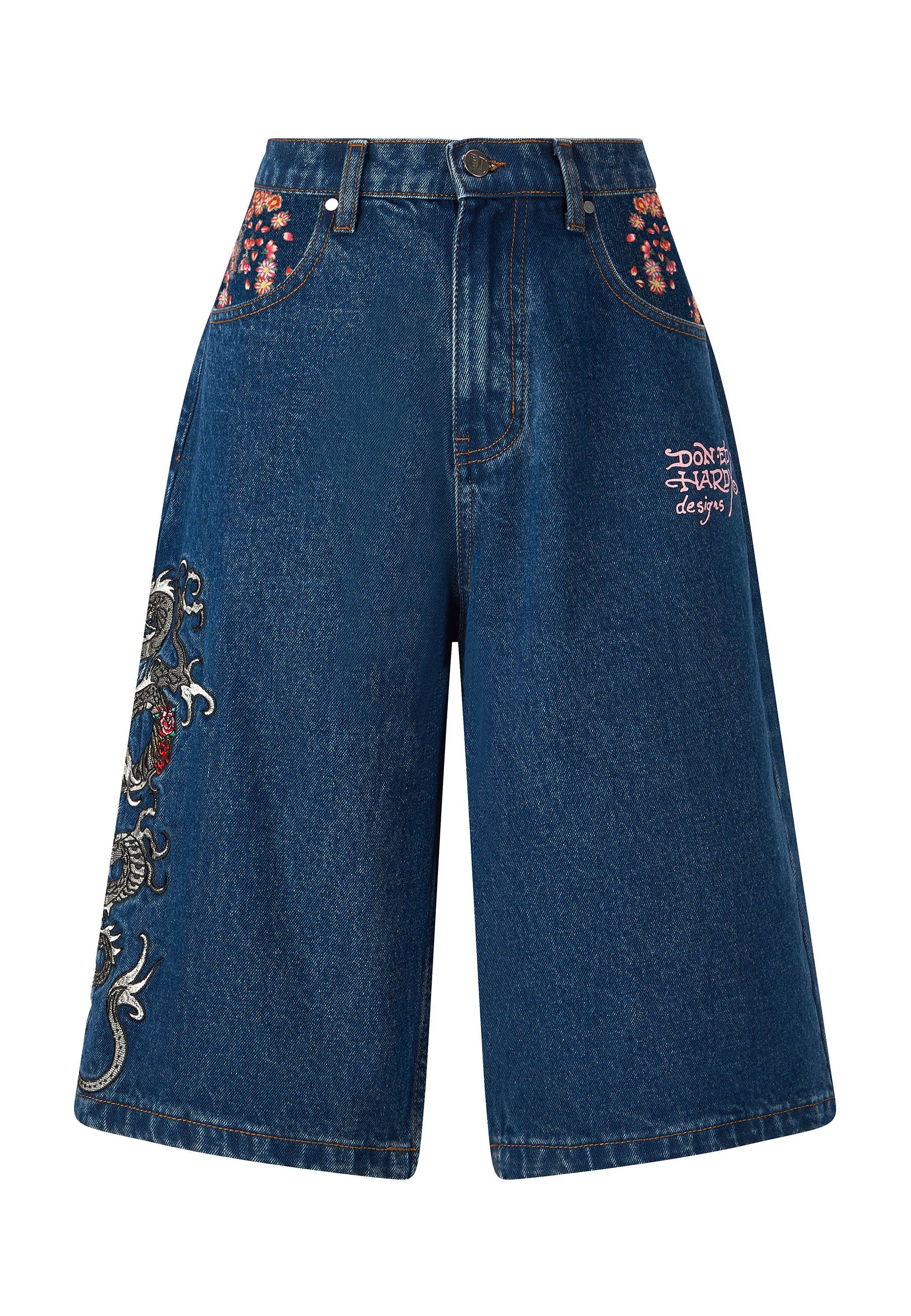 Womens Grey Dragon Relaxed Denim Jorts Shorts - Indigo - Image 5