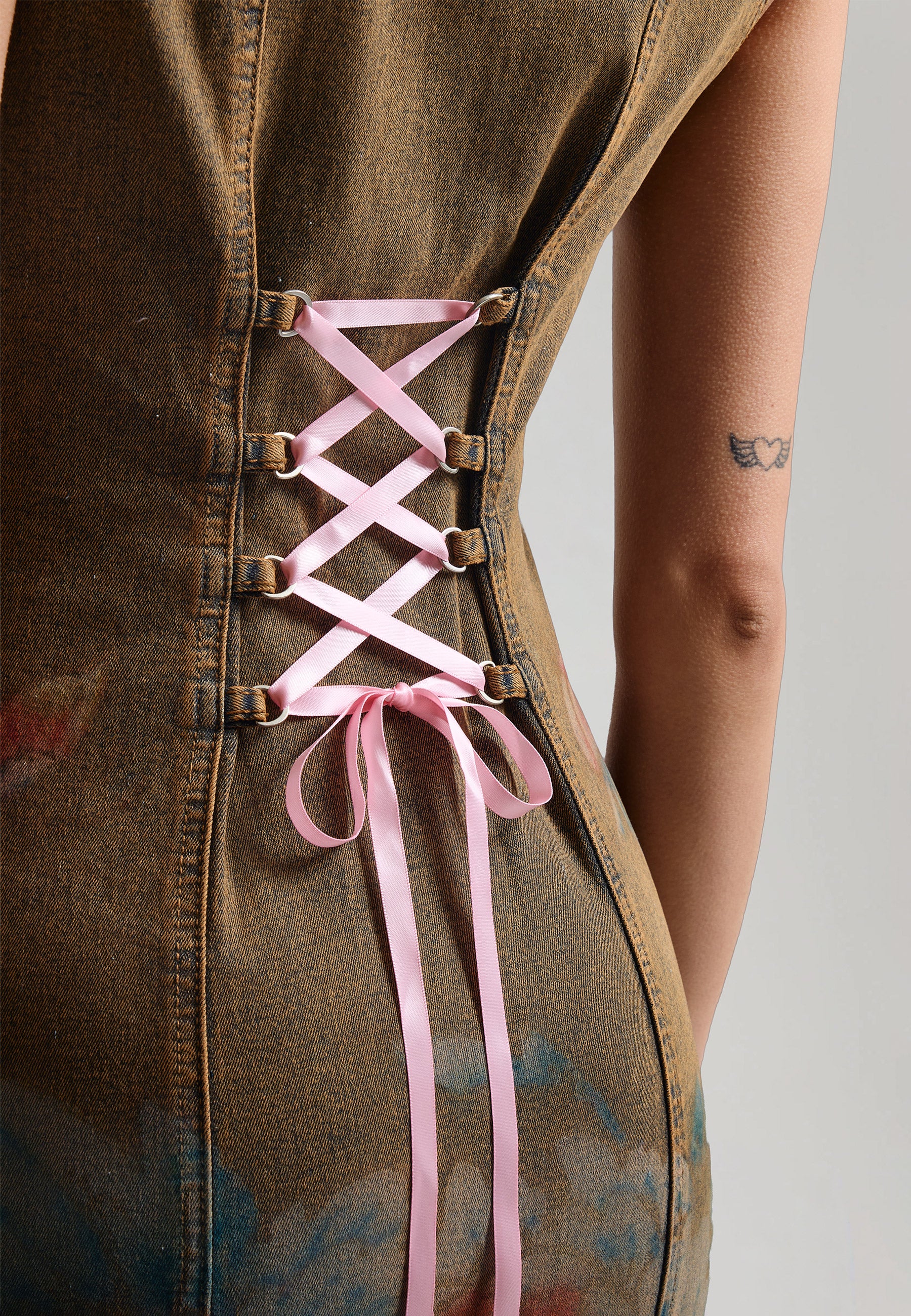 Womens Lotus Flower Seam Detail Tie Up Denim Dress - Beige - Image 4