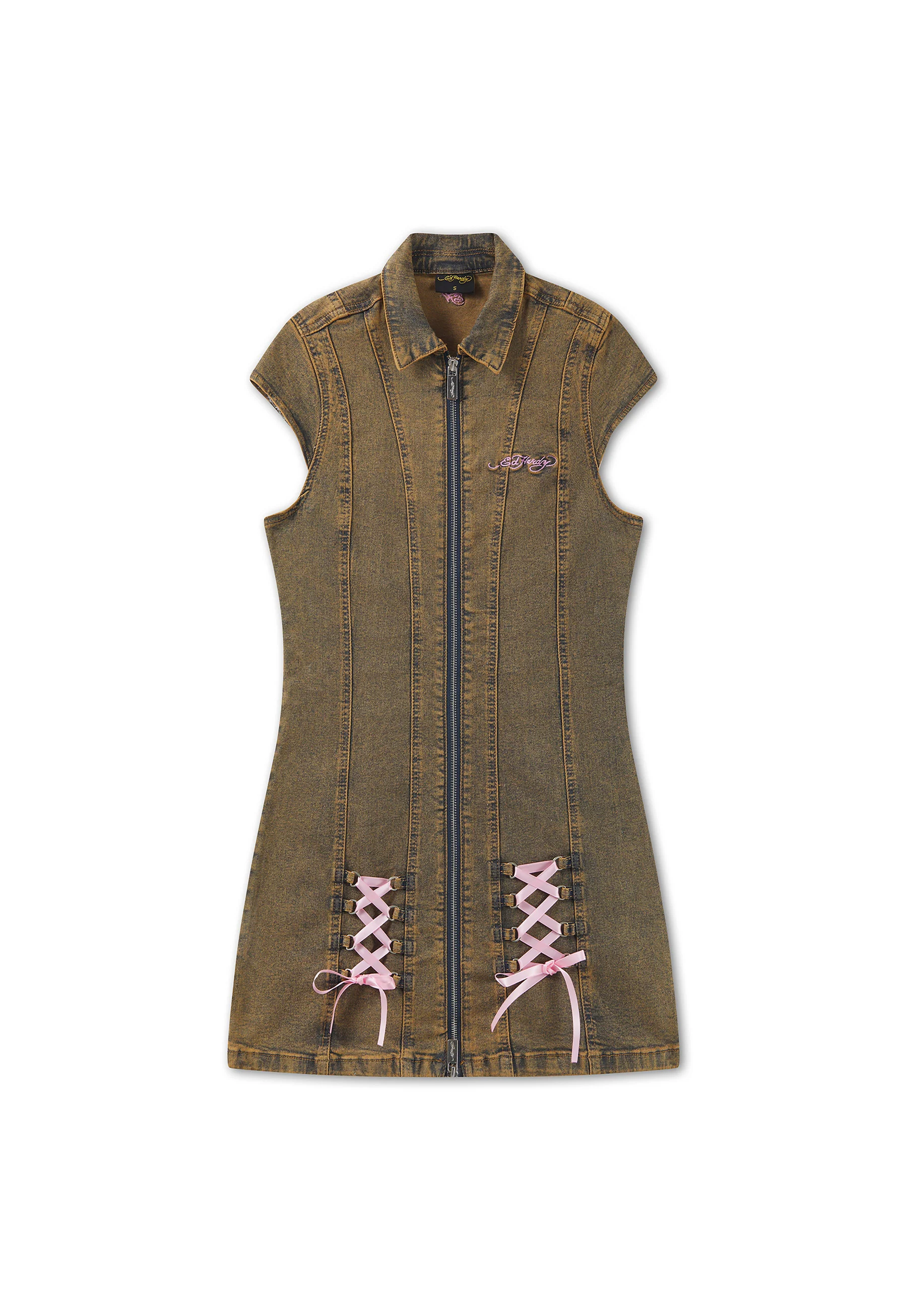 Womens Lotus Flower Seam Detail Tie Up Denim Dress - Beige - Image 7