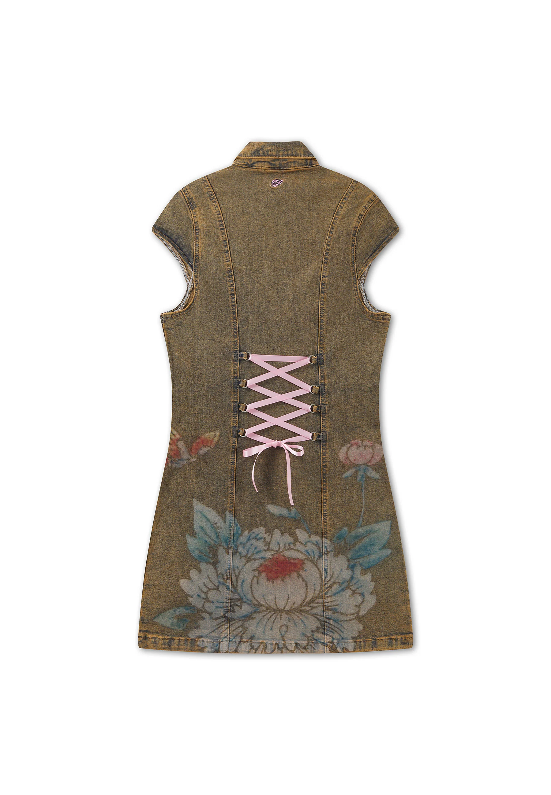 Womens Lotus Flower Seam Detail Tie Up Denim Dress - Beige - Image 8