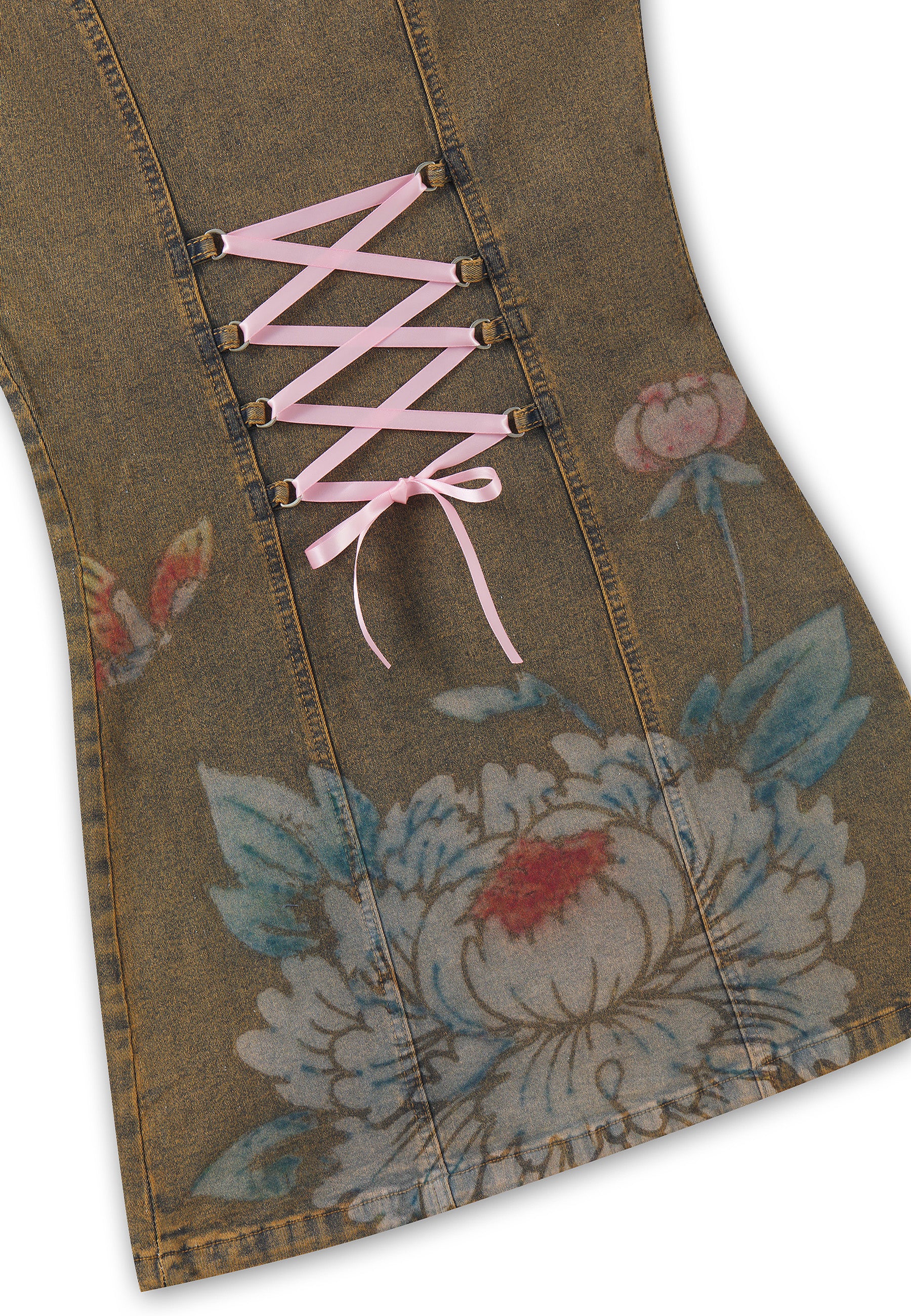 Womens Lotus Flower Seam Detail Tie Up Denim Dress - Beige - Image 9