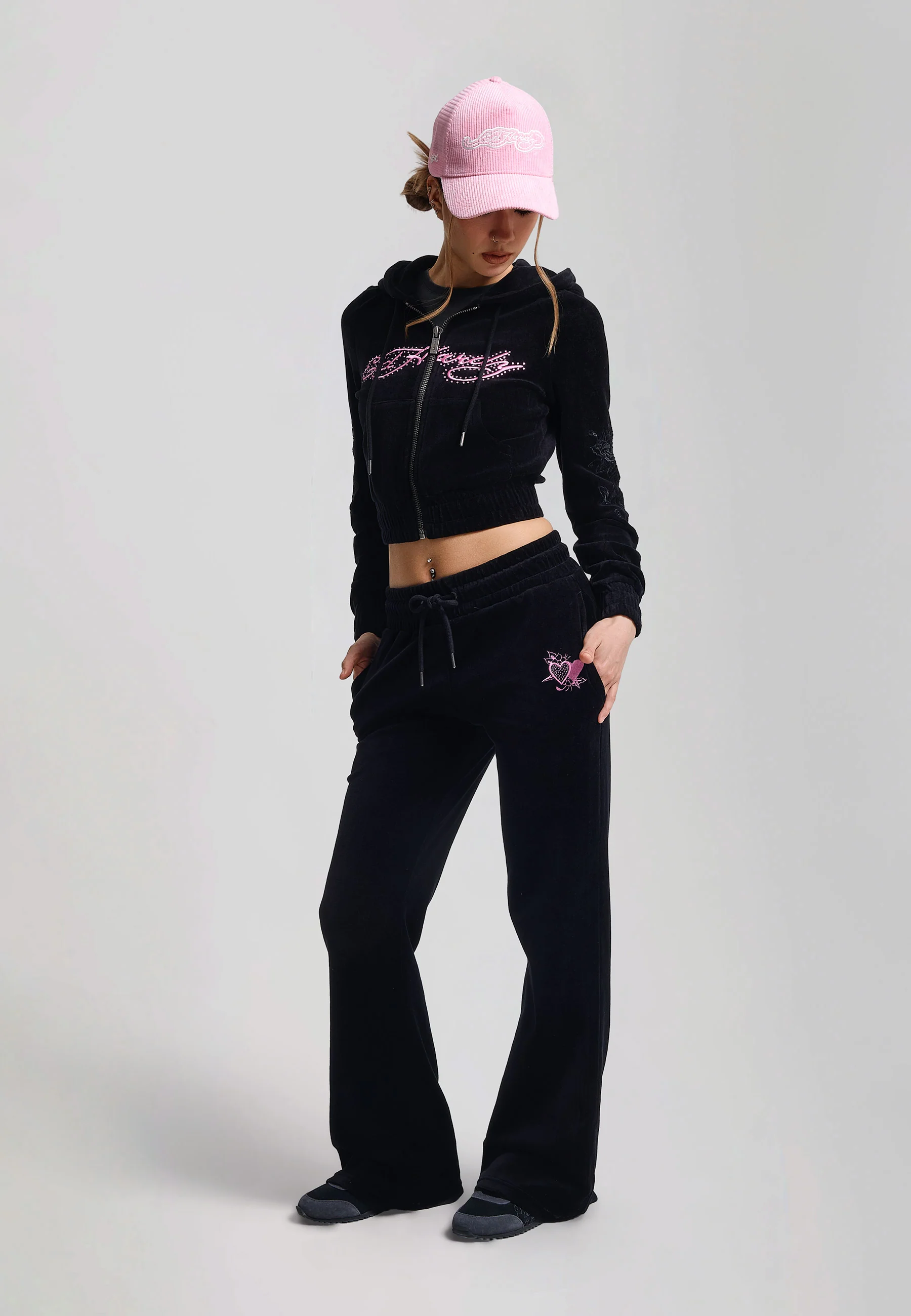 Womens Love And Thorns Diamante Velour Fitted Cropped Hoodie - Black - Image 3