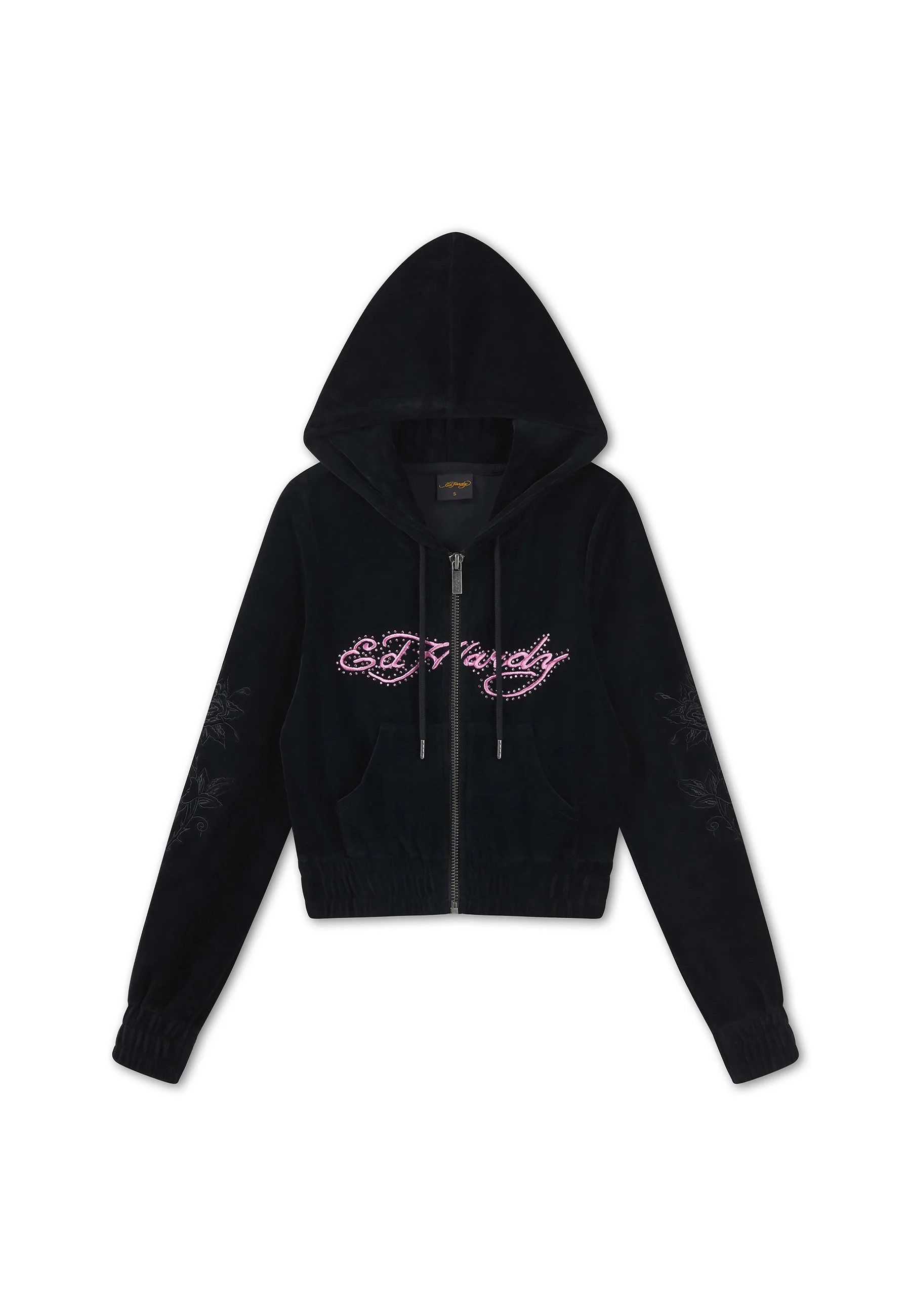 Womens Love And Thorns Diamante Velour Fitted Cropped Hoodie - Black - Image 6