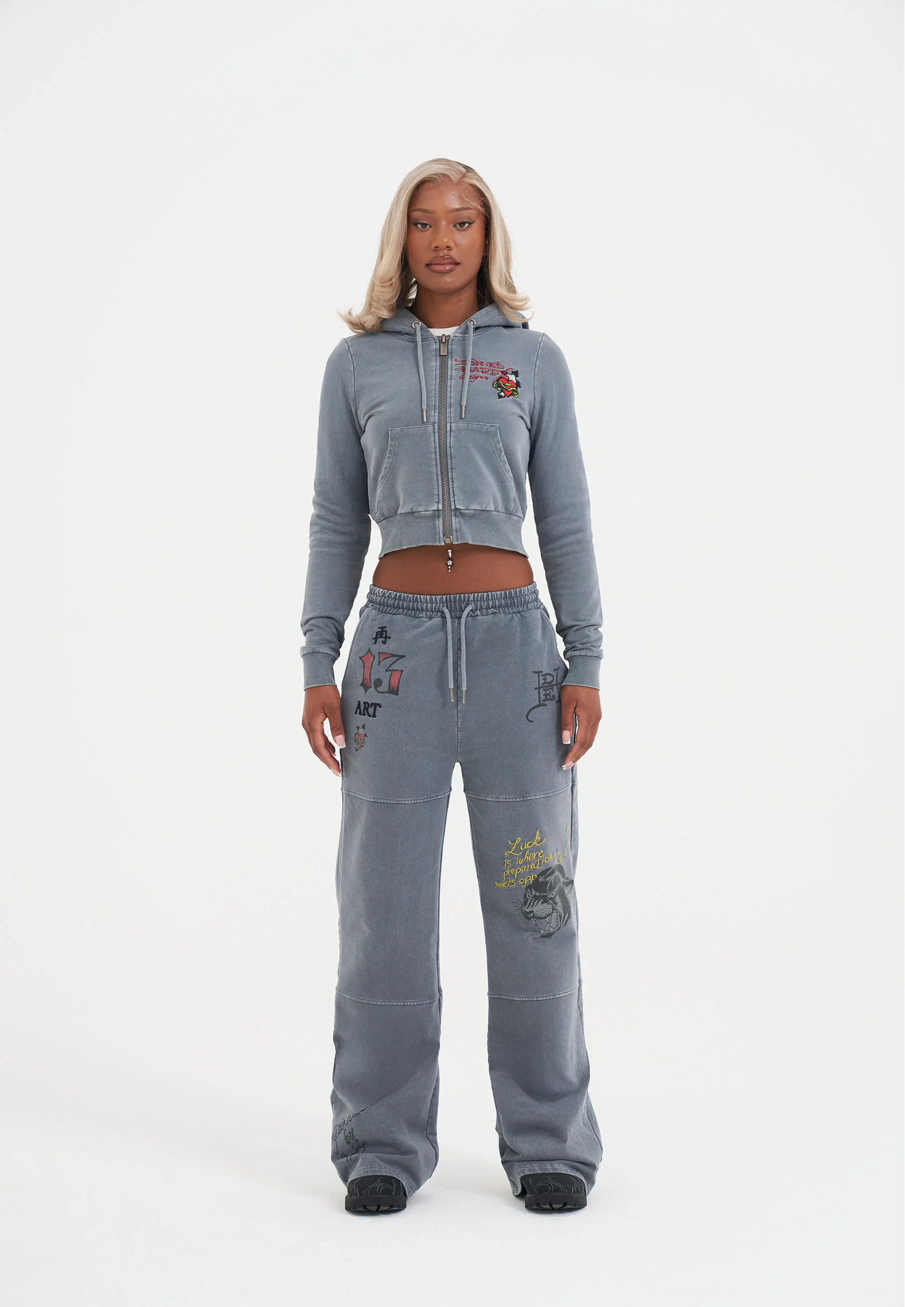 Womens Tattoo Collage Seam Detail Wide Leg Joggers - Charcoal - Image 3
