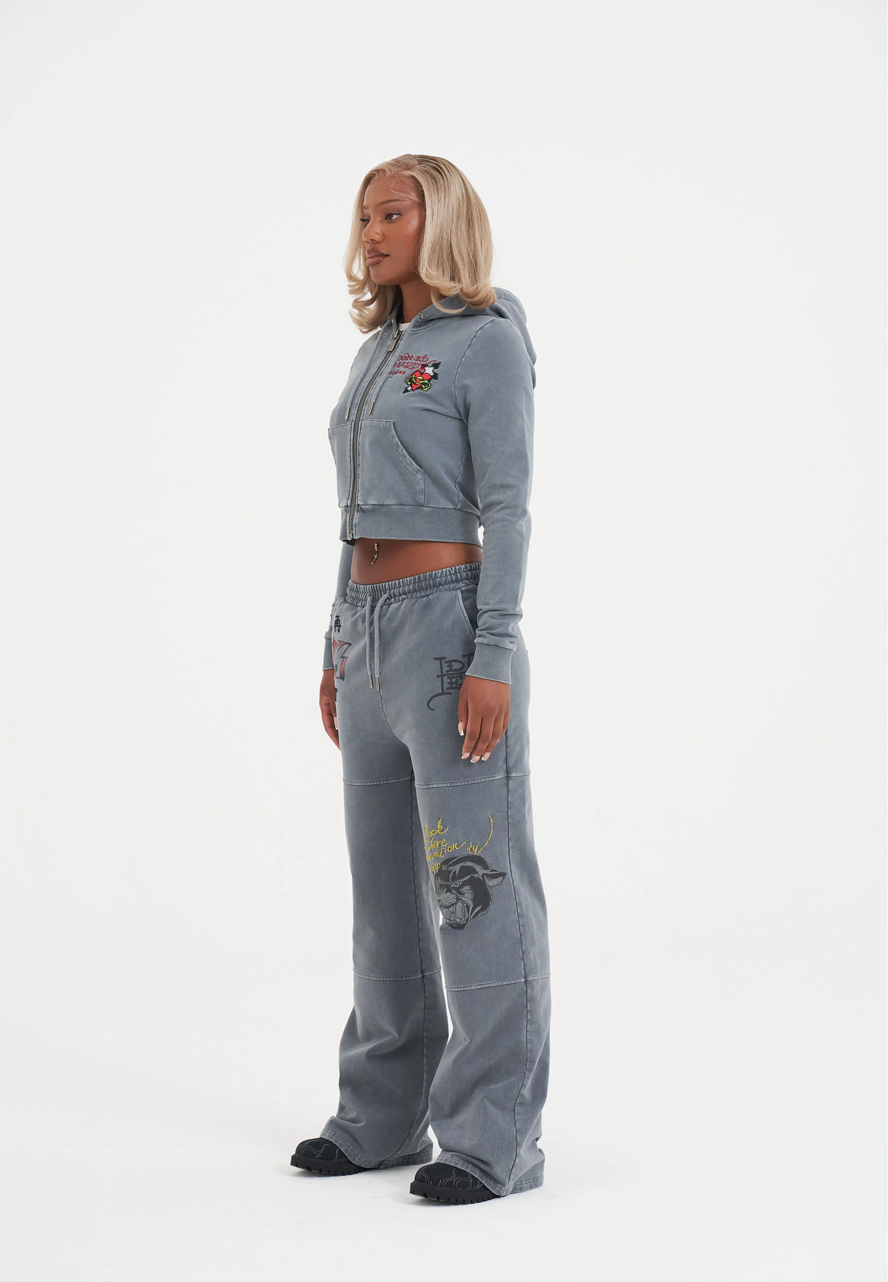 Womens Tattoo Collage Seam Detail Wide Leg Joggers - Charcoal - Image 4