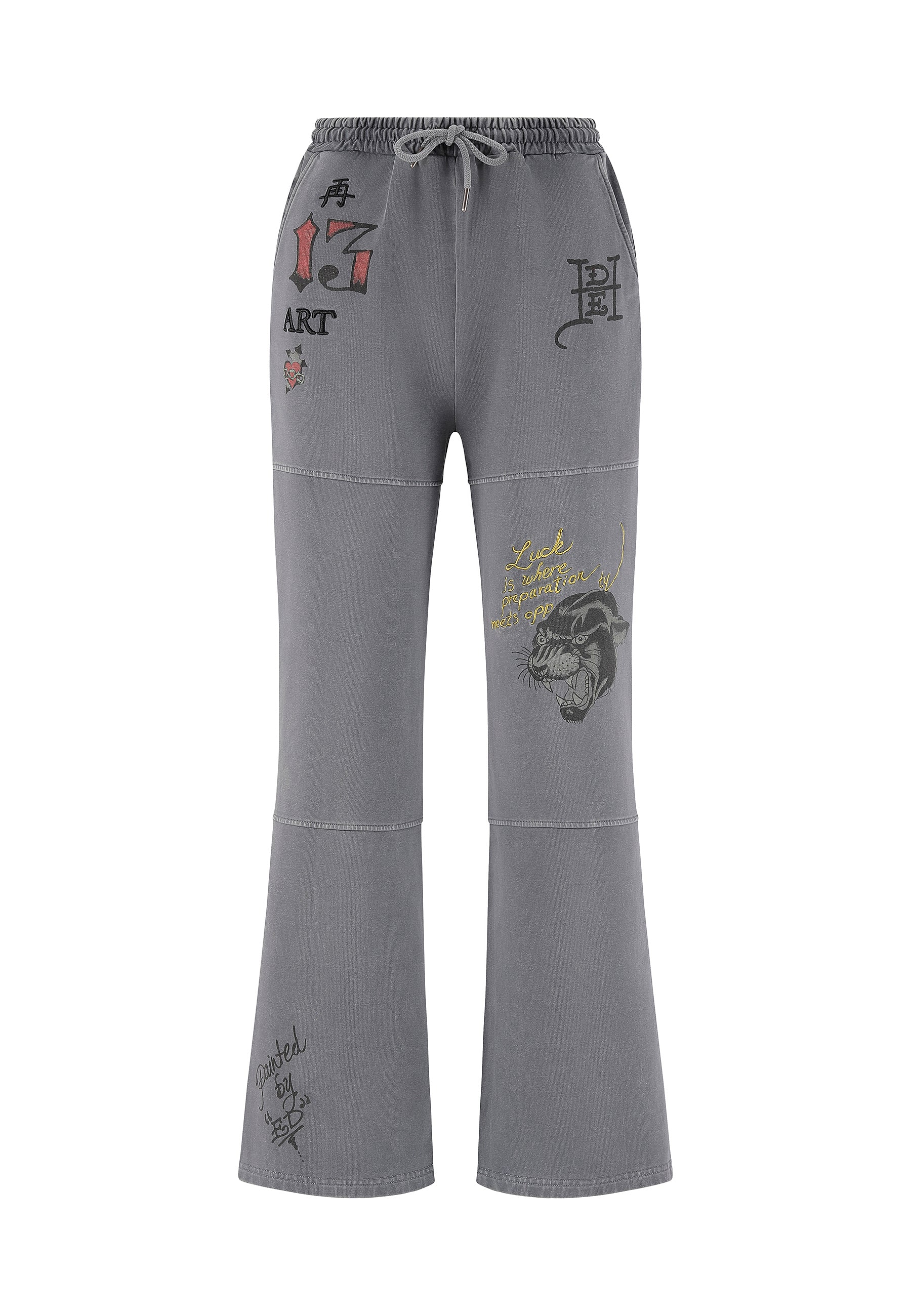 Womens Tattoo Collage Seam Detail Wide Leg Joggers - Charcoal - Image 5